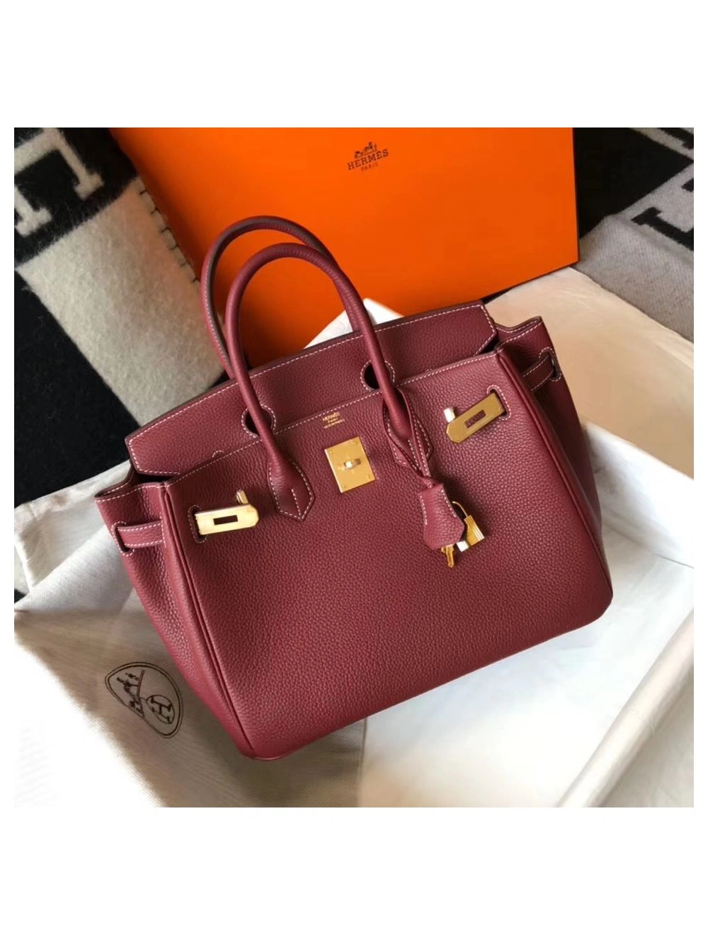 Hermes Birkin 30cm Bag In Bordeaux Clemence Leather GHW
