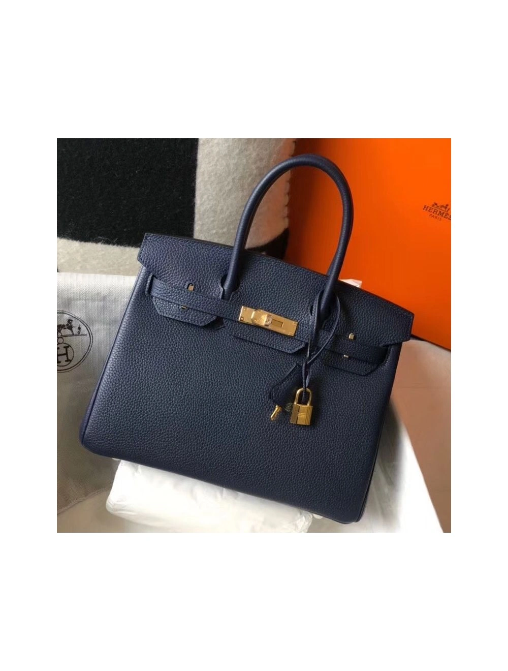 Hermes Birkin 30cm Bag In Dark Blue Clemence Leather GHW