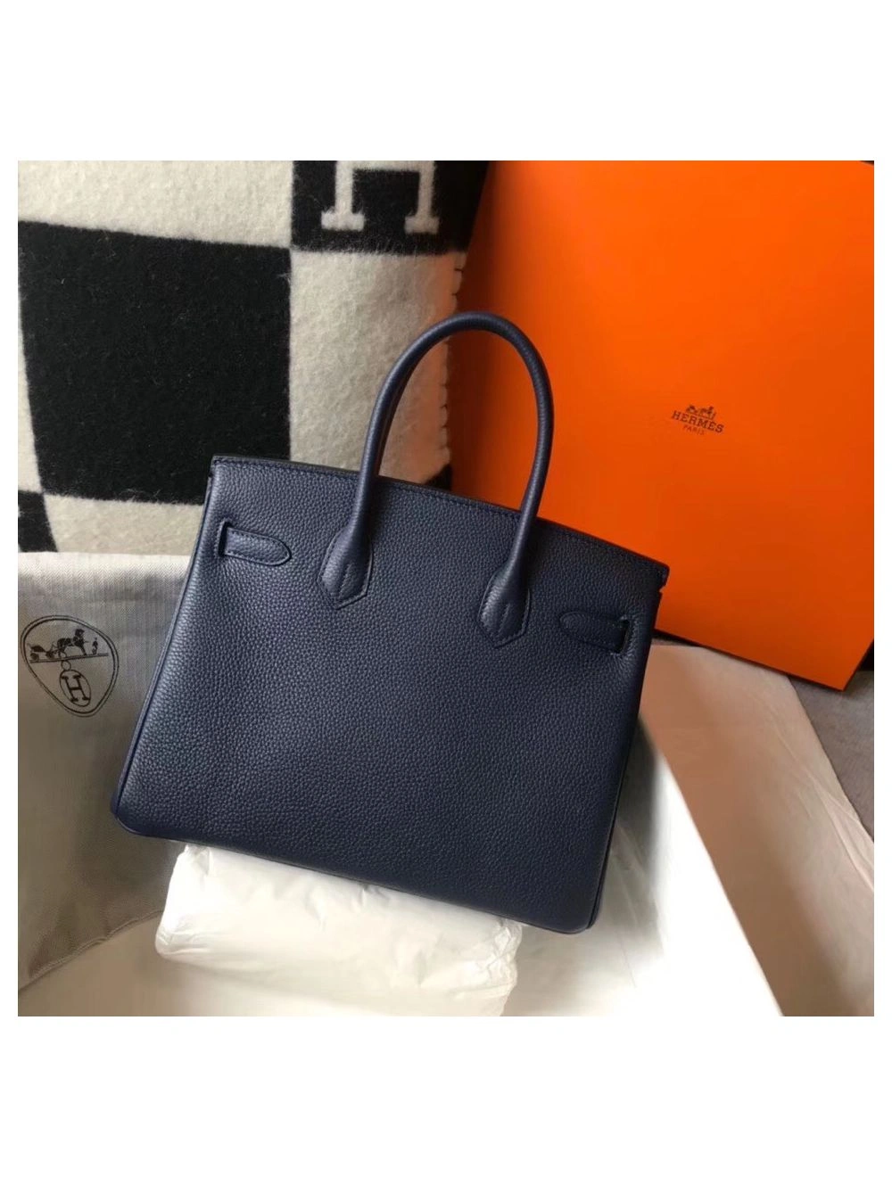 Hermes Birkin 30cm Bag In Dark Blue Clemence Leather GHW