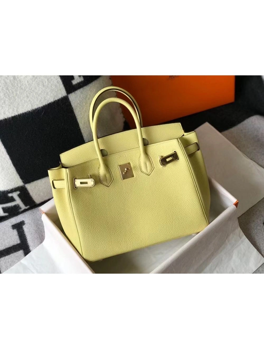 Hermes Birkin 30cm Bag In Jaune Poussin Clemence Leather GHW