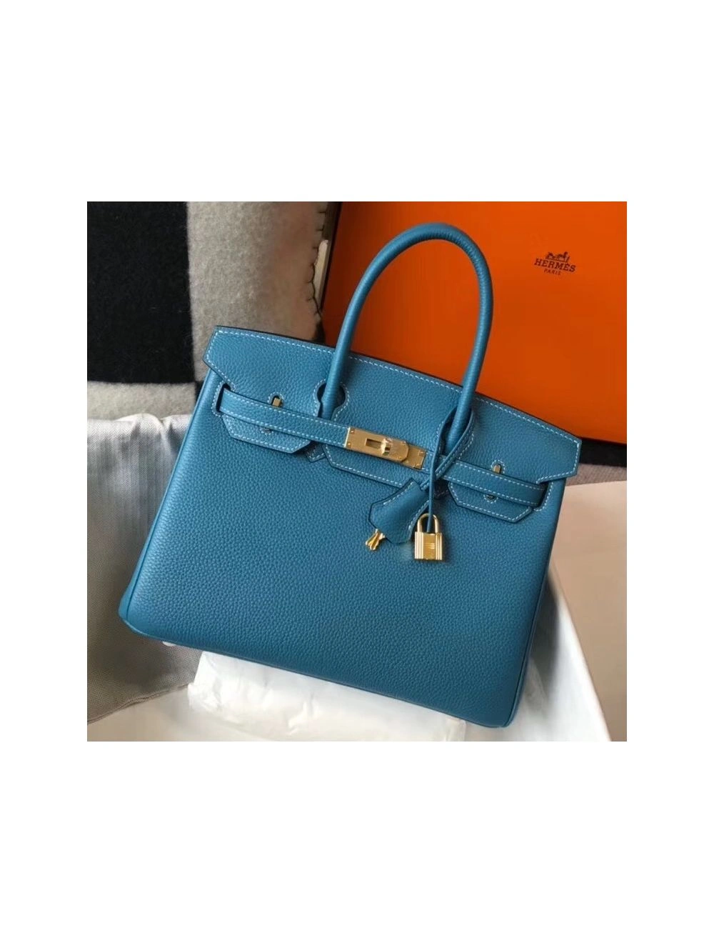 Hermes Birkin 30cm Bag In Jean Blue Clemence Leather GHW