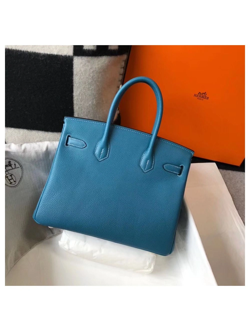 Hermes Birkin 30cm Bag In Jean Blue Clemence Leather GHW