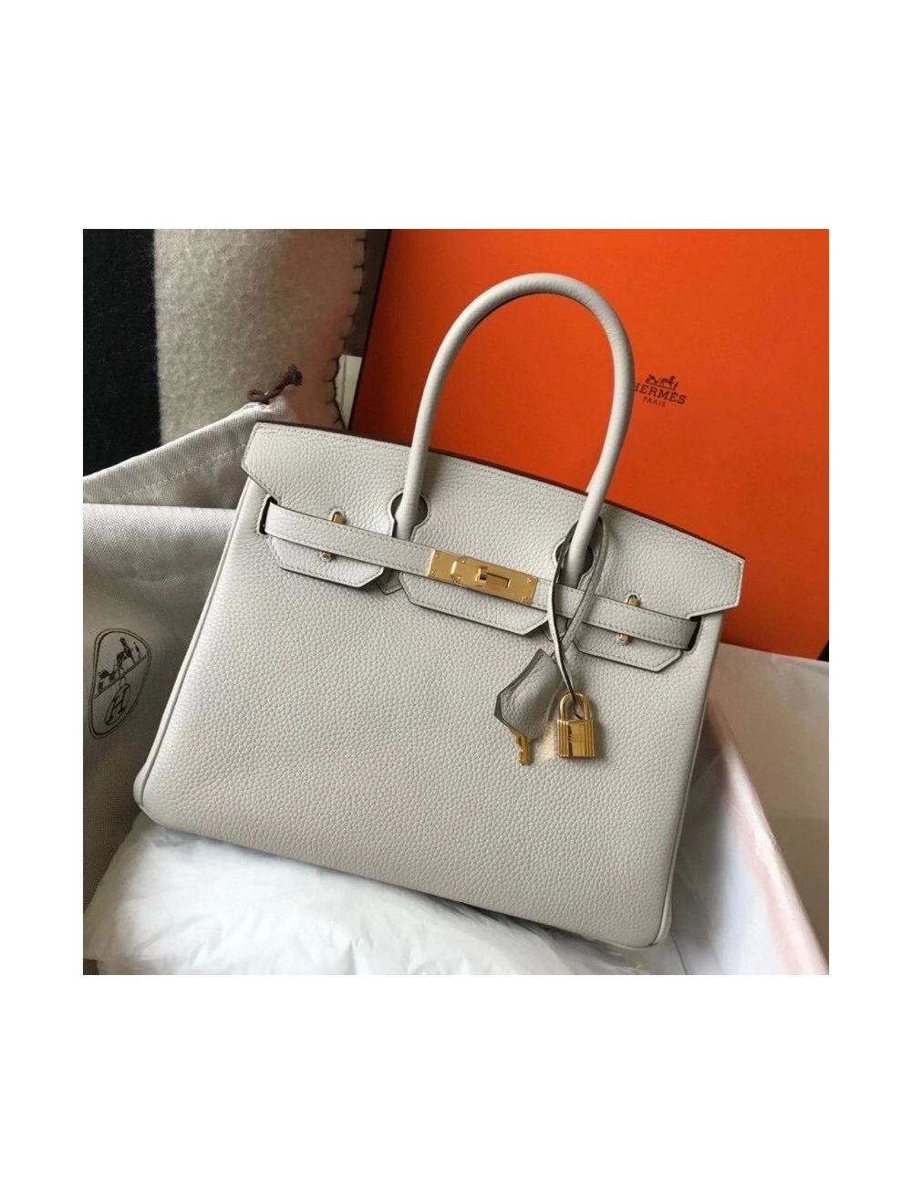 Hermes Birkin 30cm Bag In Pearl Grey Clemence Leather GHW