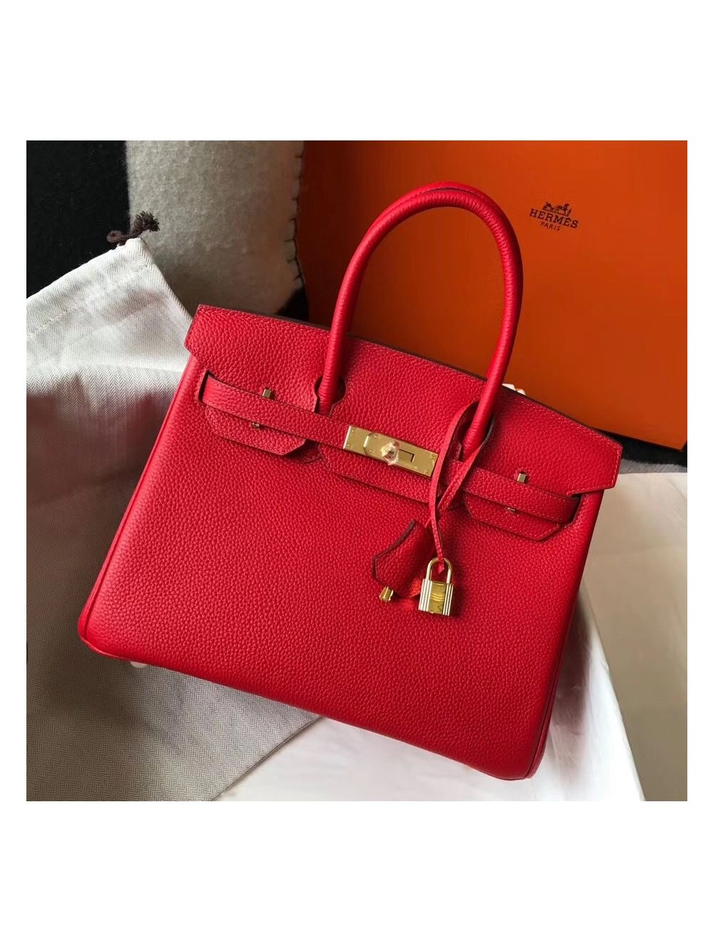Hermes Birkin 30cm Bag In Red Clemence Leather GHW