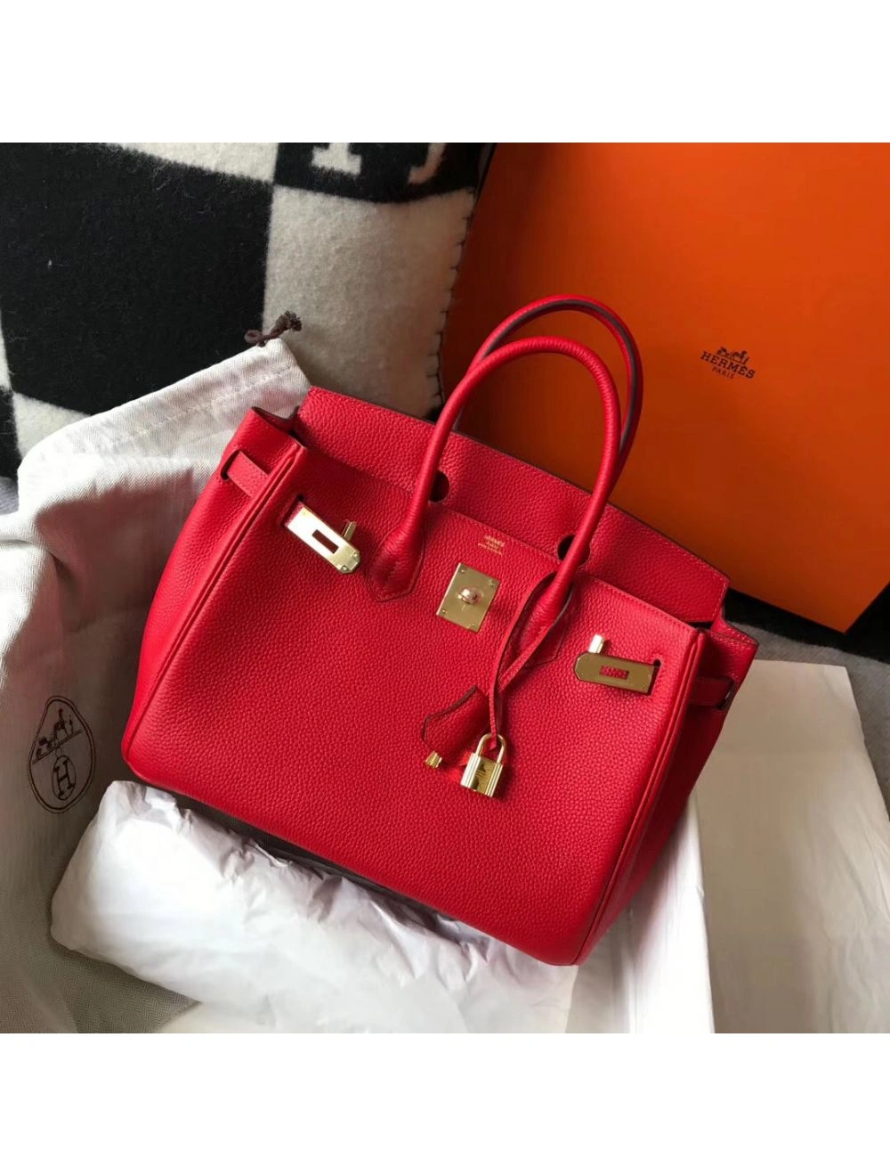 Hermes Birkin 30cm Bag In Red Clemence Leather GHW