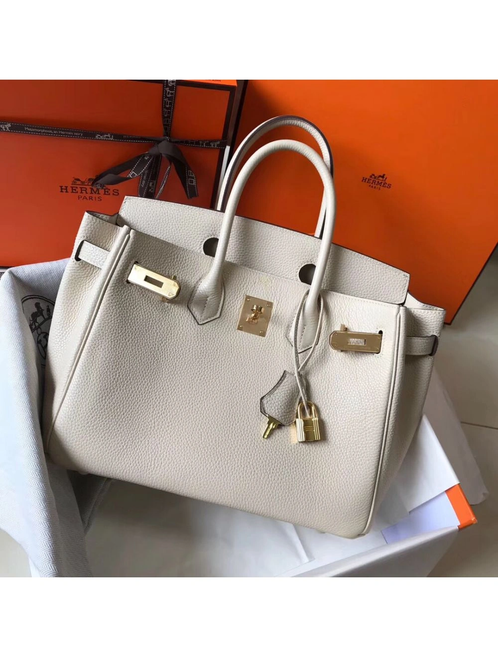 Hermes Birkin 35cm Bag In Beton Clemence Leather GHW