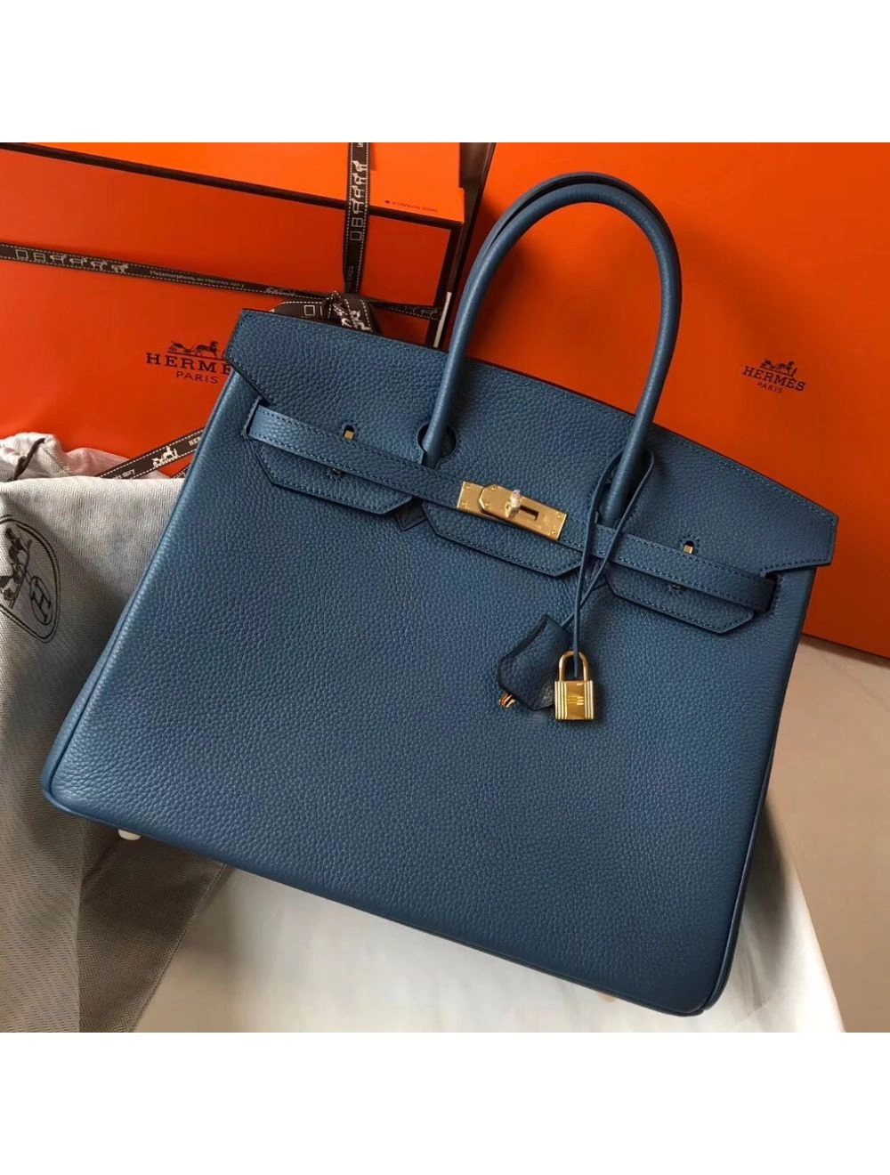 Hermes Birkin 35cm Bag In Blue Agate Clemence Leather GHW