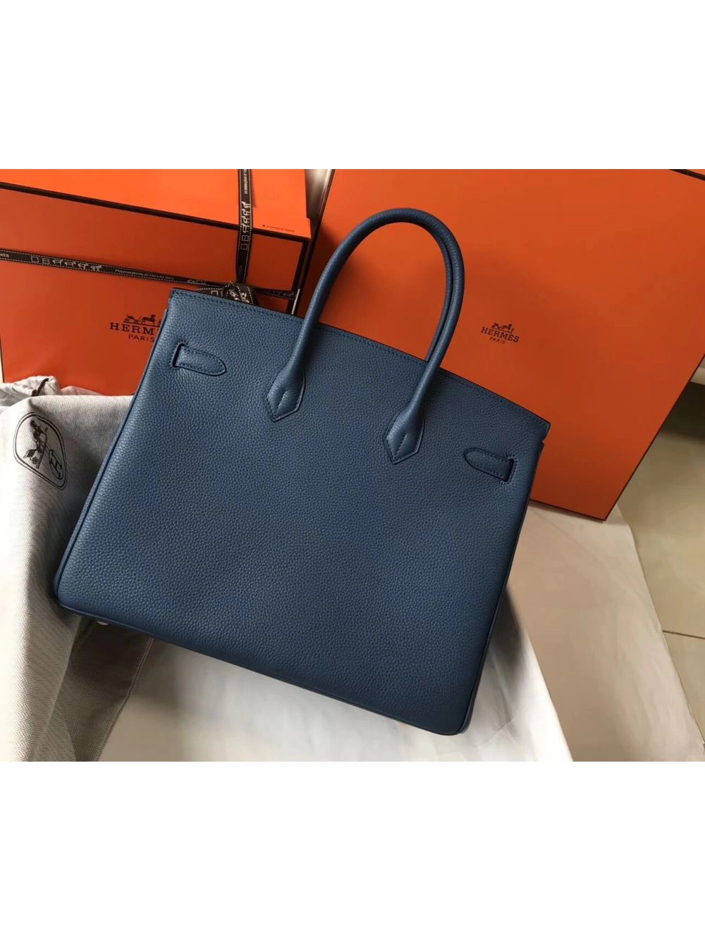 Hermes Birkin 35cm Bag In Blue Agate Clemence Leather GHW