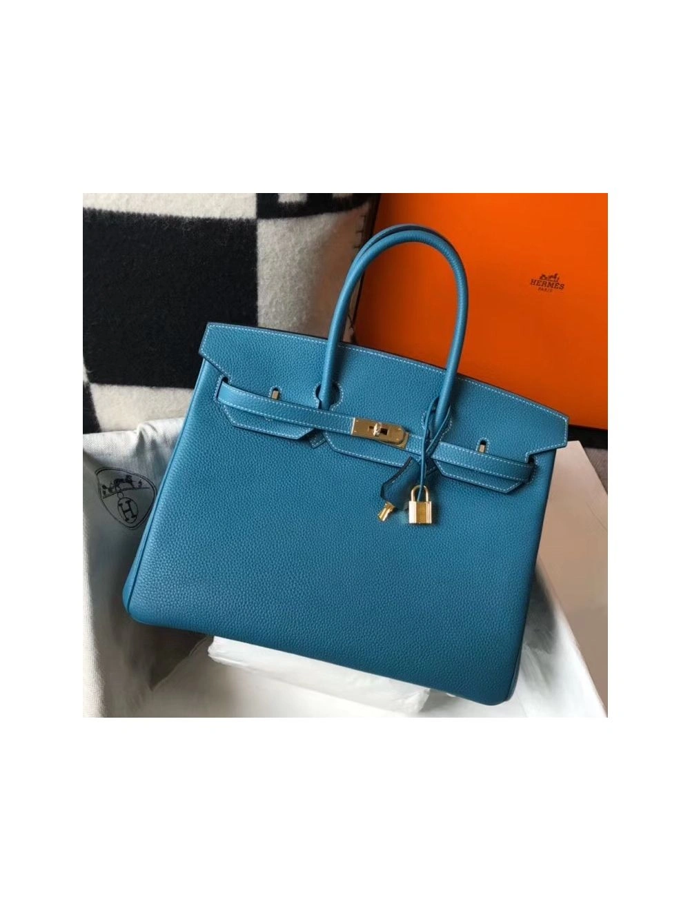 Hermes Birkin 35cm Bag In Blue Jean Clemence Leather GHW