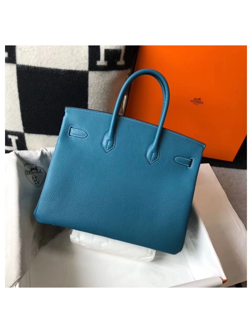 Hermes Birkin 35cm Bag In Blue Jean Clemence Leather GHW