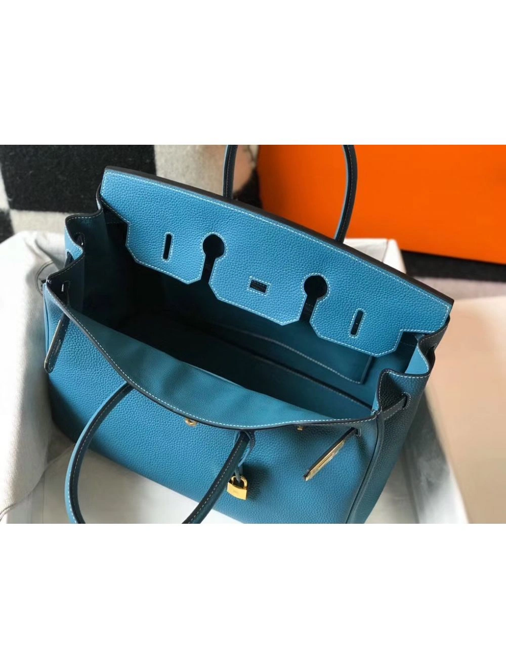 Hermes Birkin 35cm Bag In Blue Jean Clemence Leather GHW