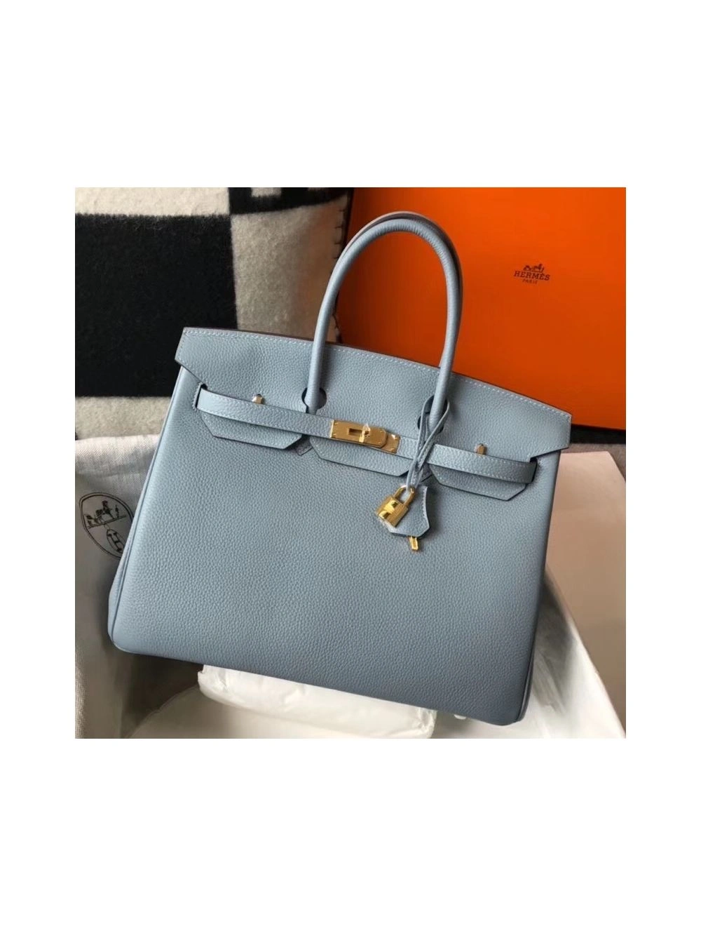 Hermes Birkin 35cm Bag In Blue Lin Clemence Leather GHW