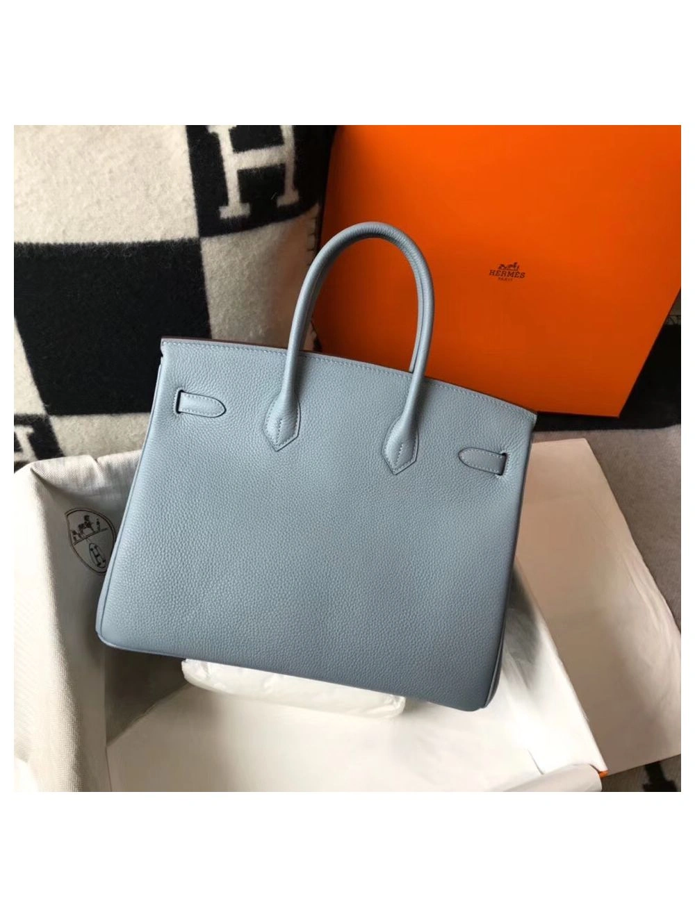 Hermes Birkin 35cm Bag In Blue Lin Clemence Leather GHW