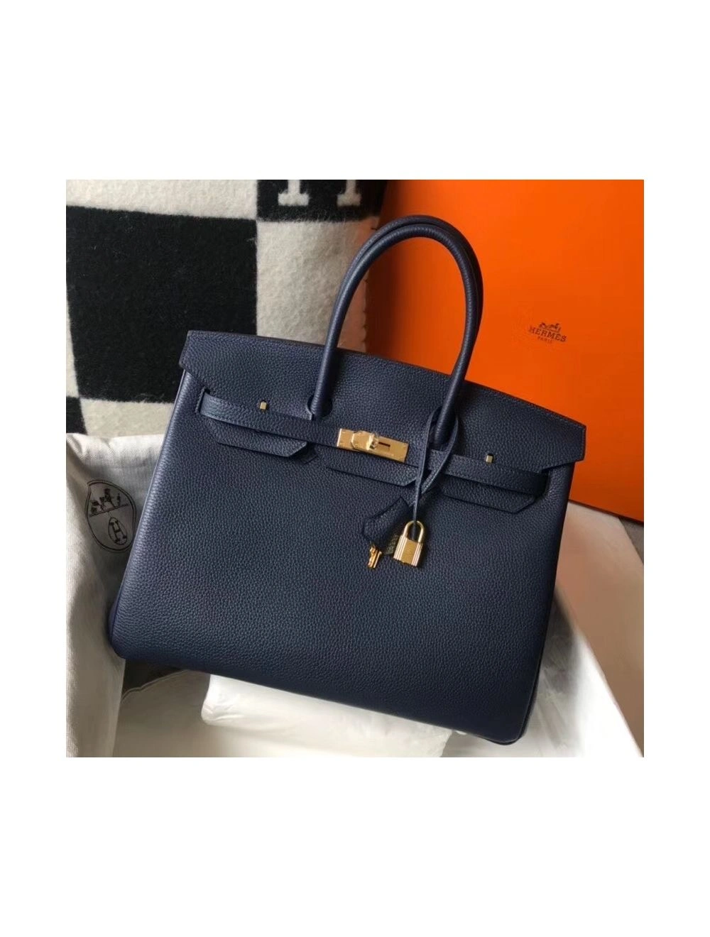 Hermes Birkin 35cm Bag In Dark Blue Clemence Leather GHW