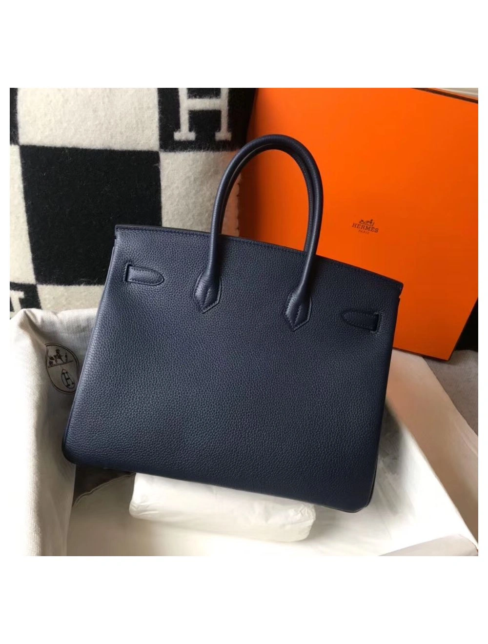 Hermes Birkin 35cm Bag In Dark Blue Clemence Leather GHW