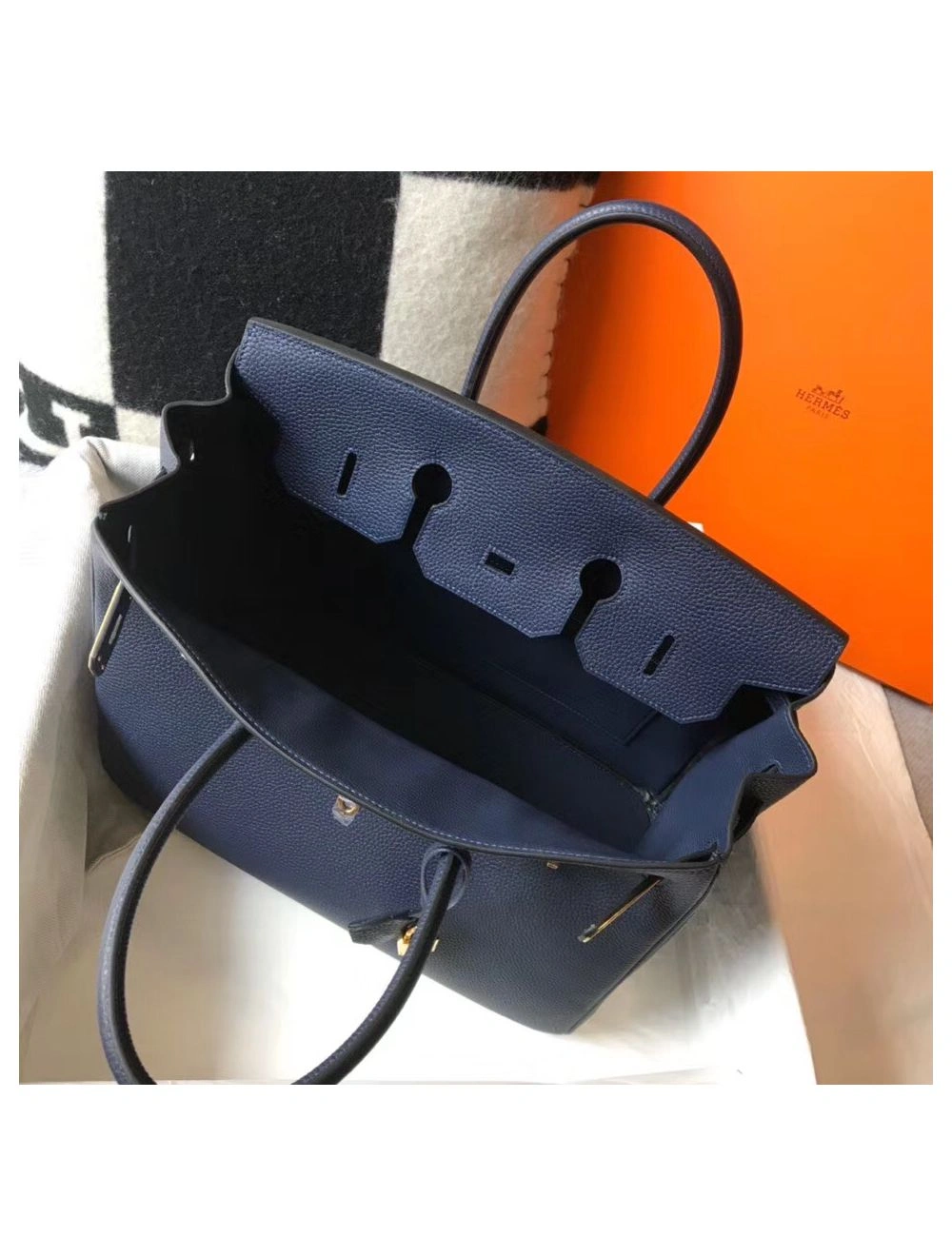 Hermes Birkin 35cm Bag In Dark Blue Clemence Leather GHW