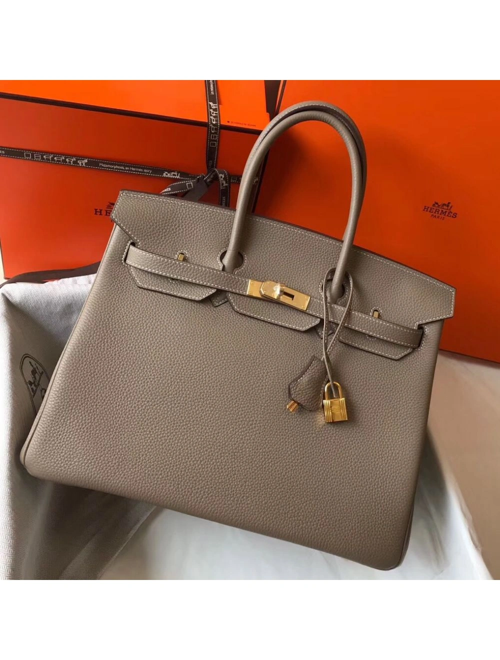 Hermes Birkin 35cm Bag In Gris Tourterelle Clemence Leather GHW