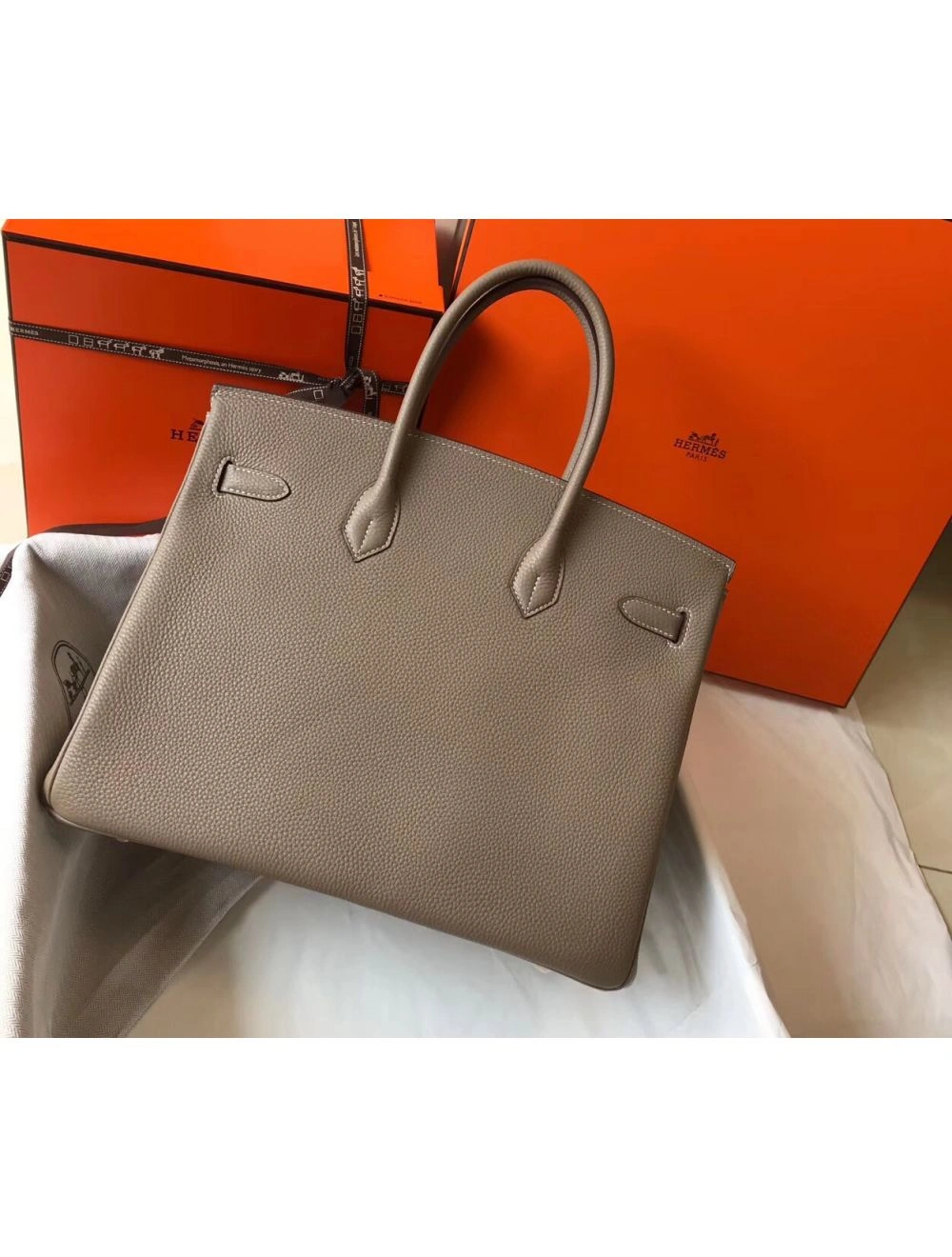 Hermes Birkin 35cm Bag In Gris Tourterelle Clemence Leather GHW