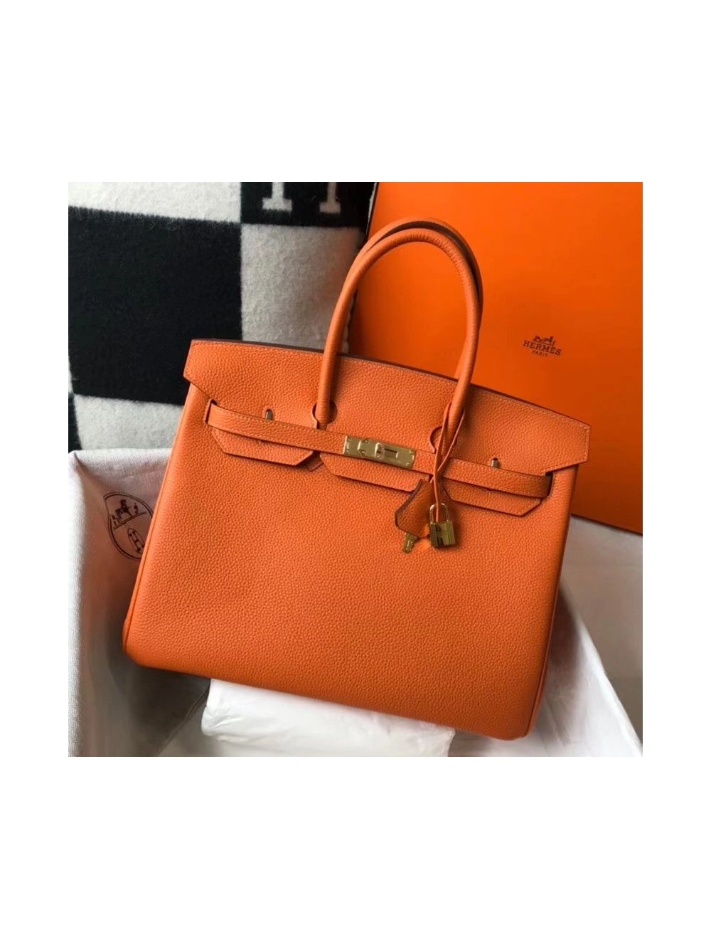 Hermes Birkin 35cm Bag In Orange Clemence Leather GHW
