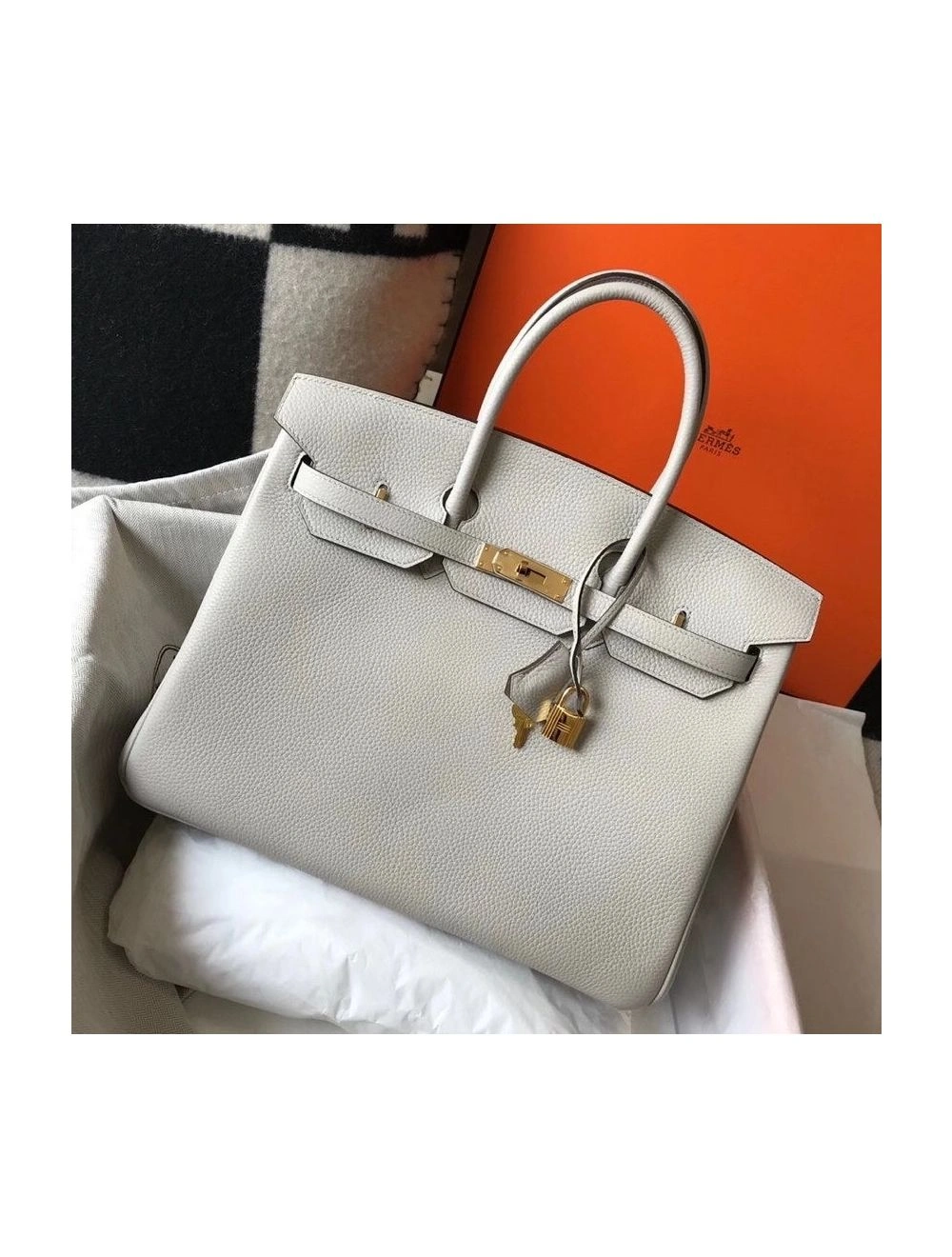 Hermes Birkin 35cm Bag In Pearl Grey Clemence Leather GHW
