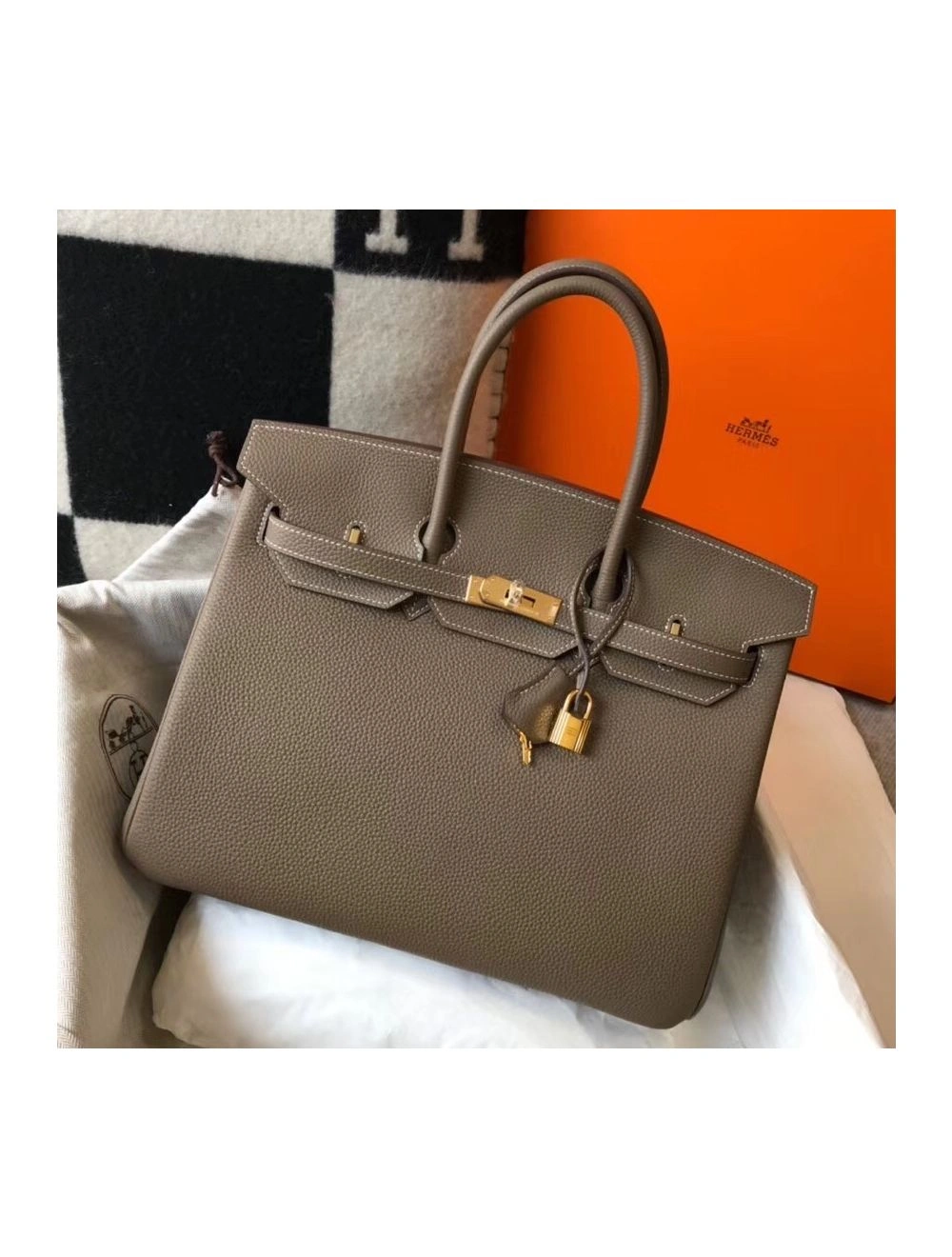 Hermes Birkin 35cm Bag In Taupe Grey Clemence Leather GHW