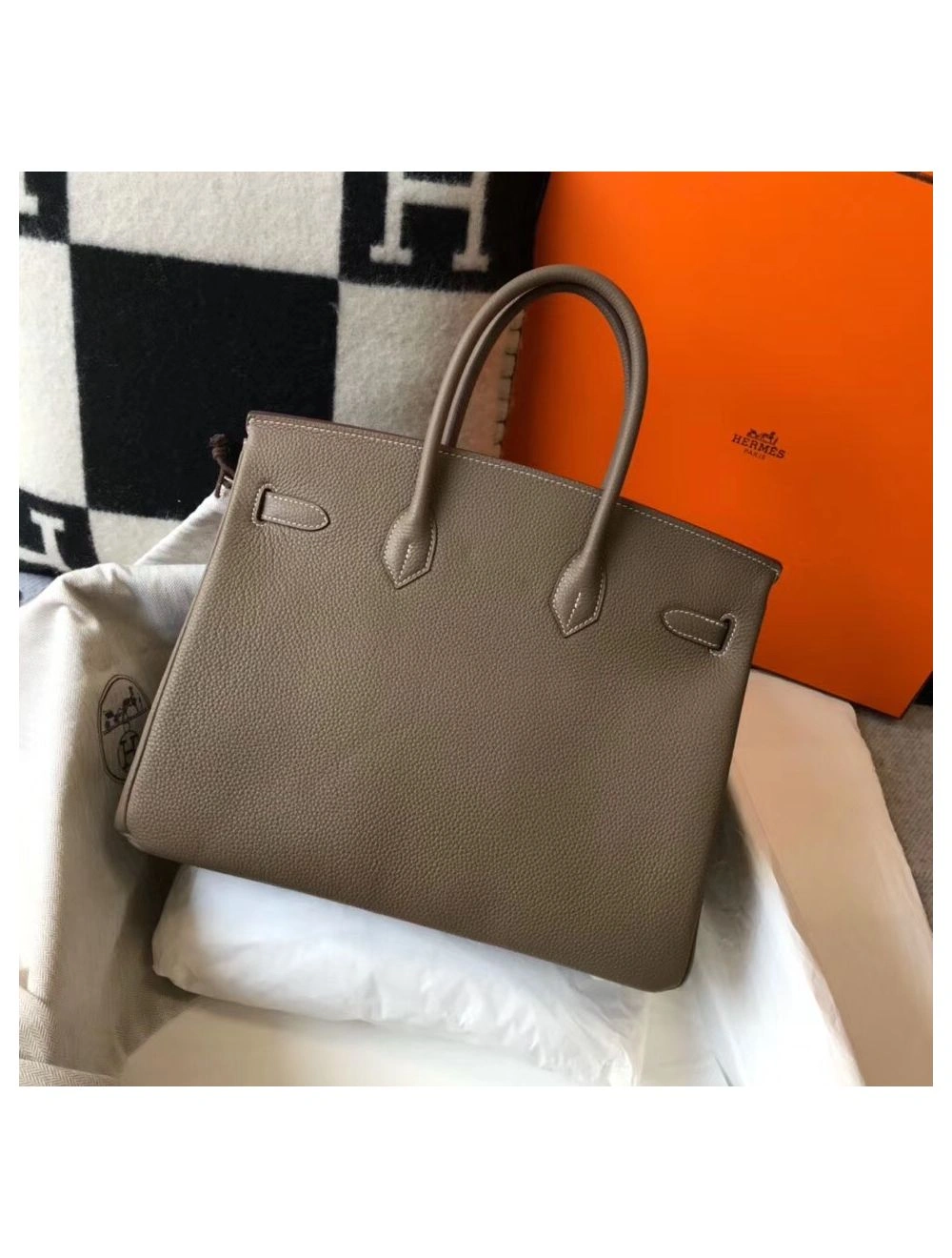 Hermes Birkin 35cm Bag In Taupe Grey Clemence Leather GHW
