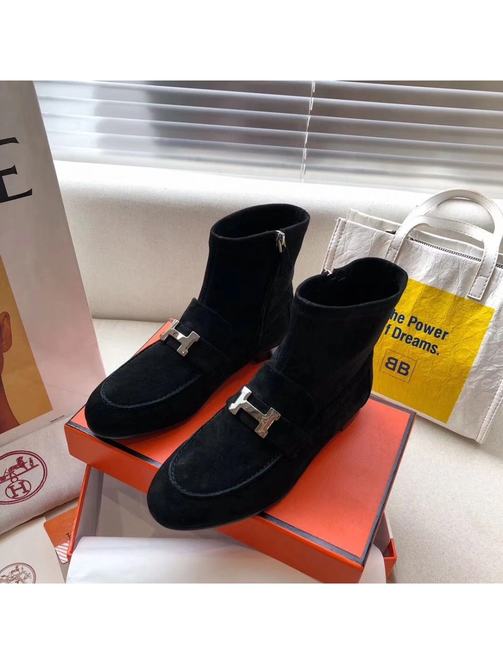 Hermes Black Suede Saint Honore Ankle Boots
