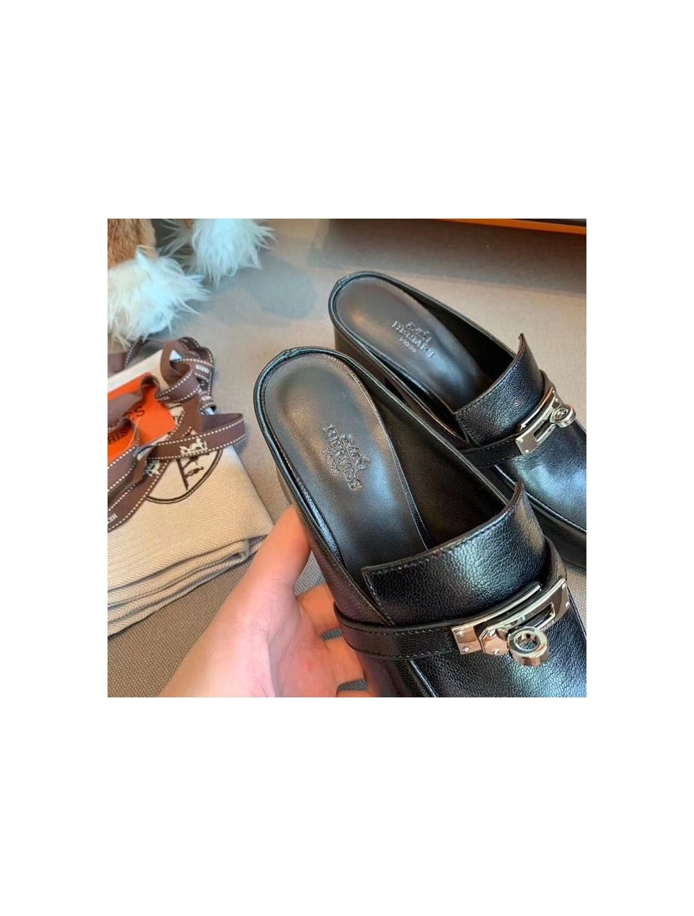 Hermes Blossom Mules 60mm In Black Goatskin