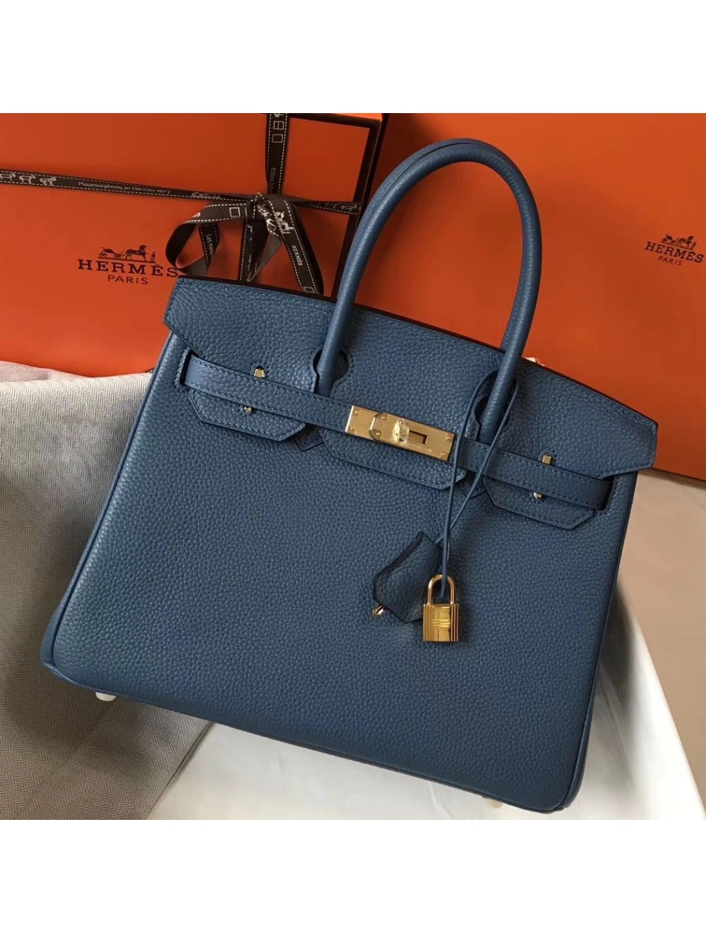 Hermes Blue Agate Clemence Birkin 30cm Bag