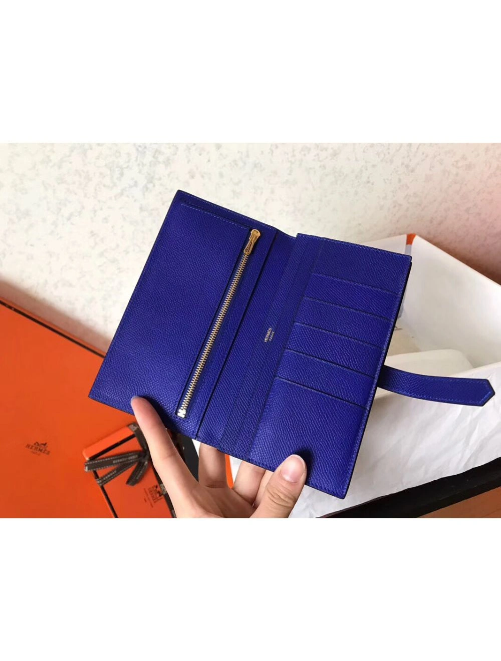 Hermes Blue Electric Epsom Bearn Gusset Wallet