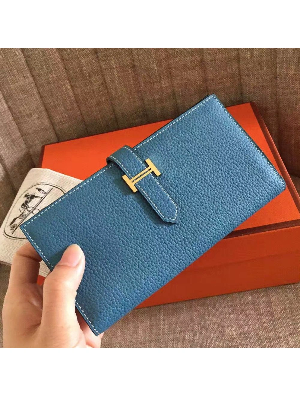 Hermes Blue Jean Clemence Bearn Gusset Wallet