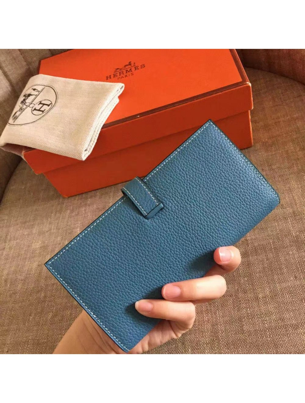 Hermes Blue Jean Clemence Bearn Gusset Wallet