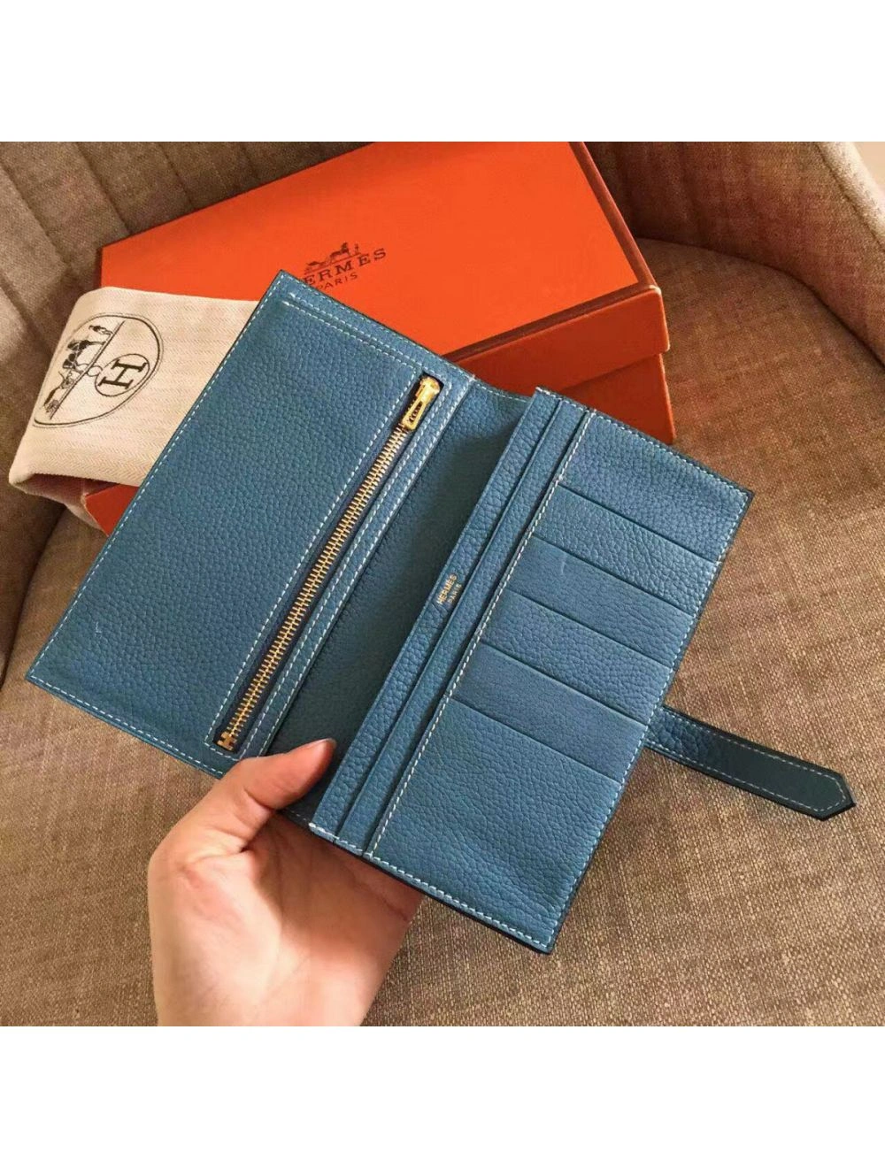 Hermes Blue Jean Clemence Bearn Gusset Wallet