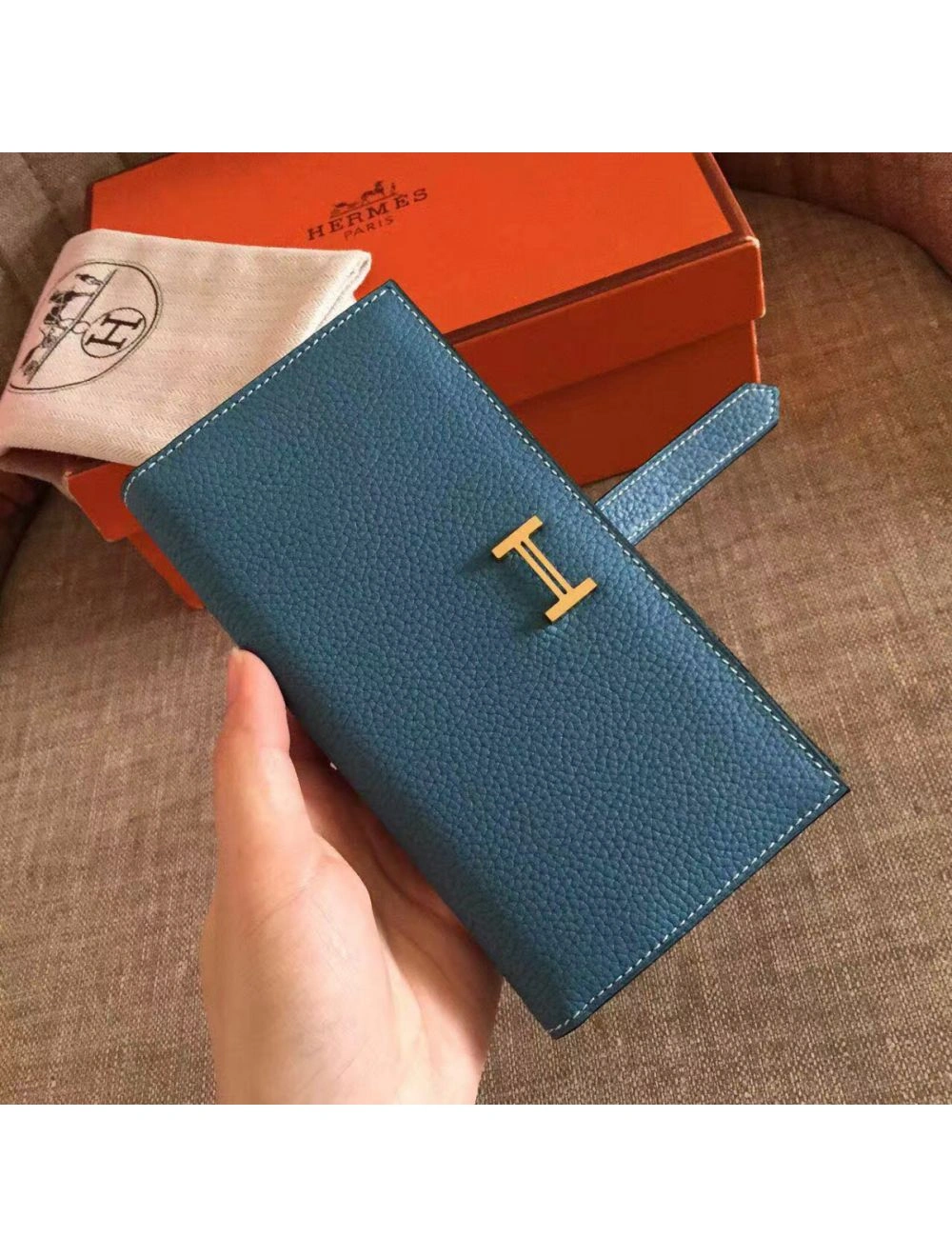 Hermes Blue Jean Clemence Bearn Gusset Wallet
