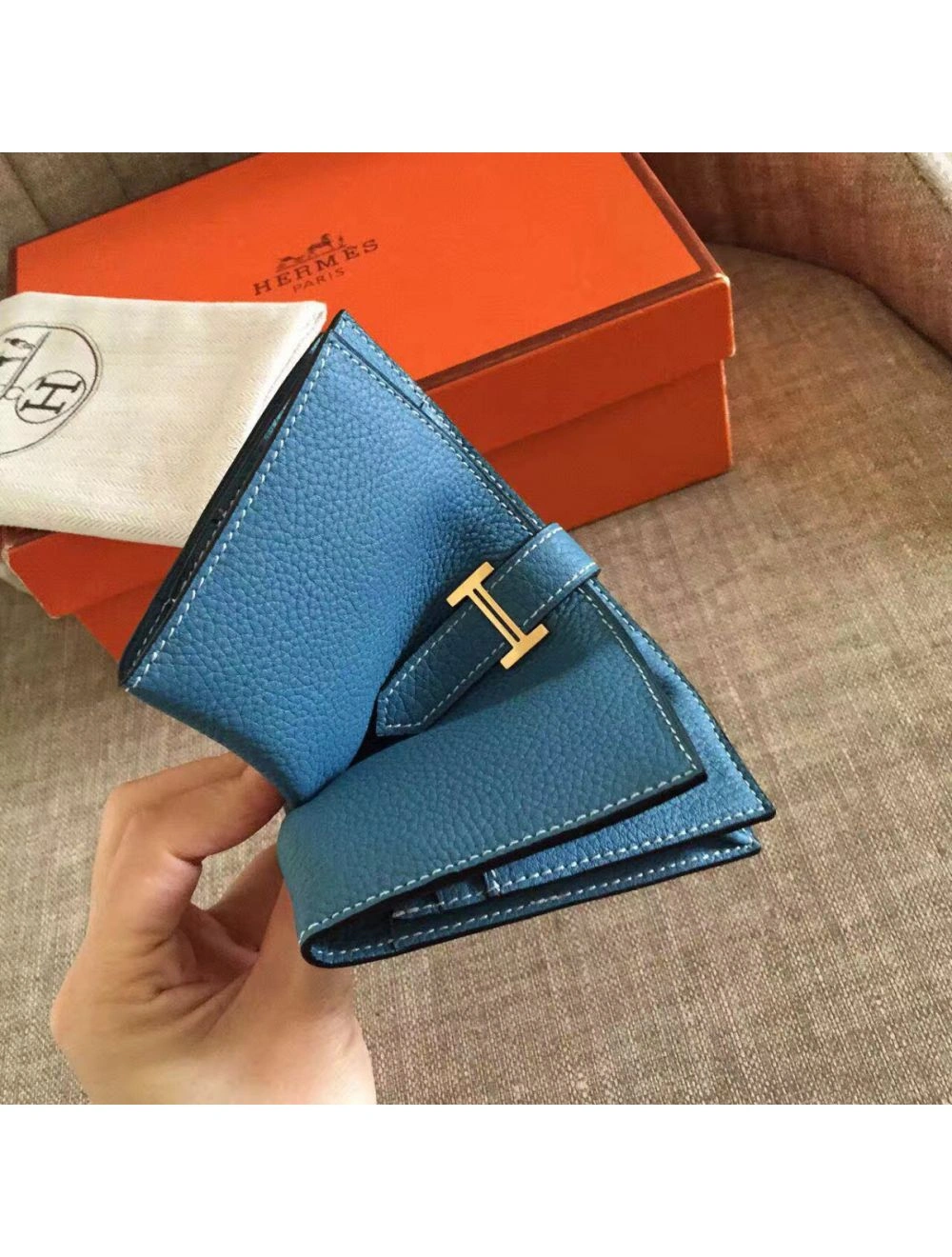Hermes Blue Jean Clemence Bearn Gusset Wallet
