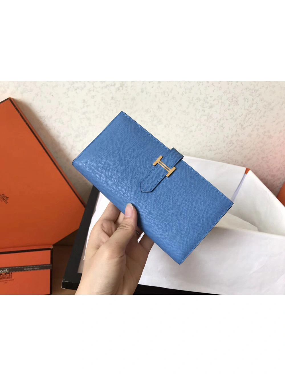 Hermes Blue Jean Epsom Bearn Gusset Wallet