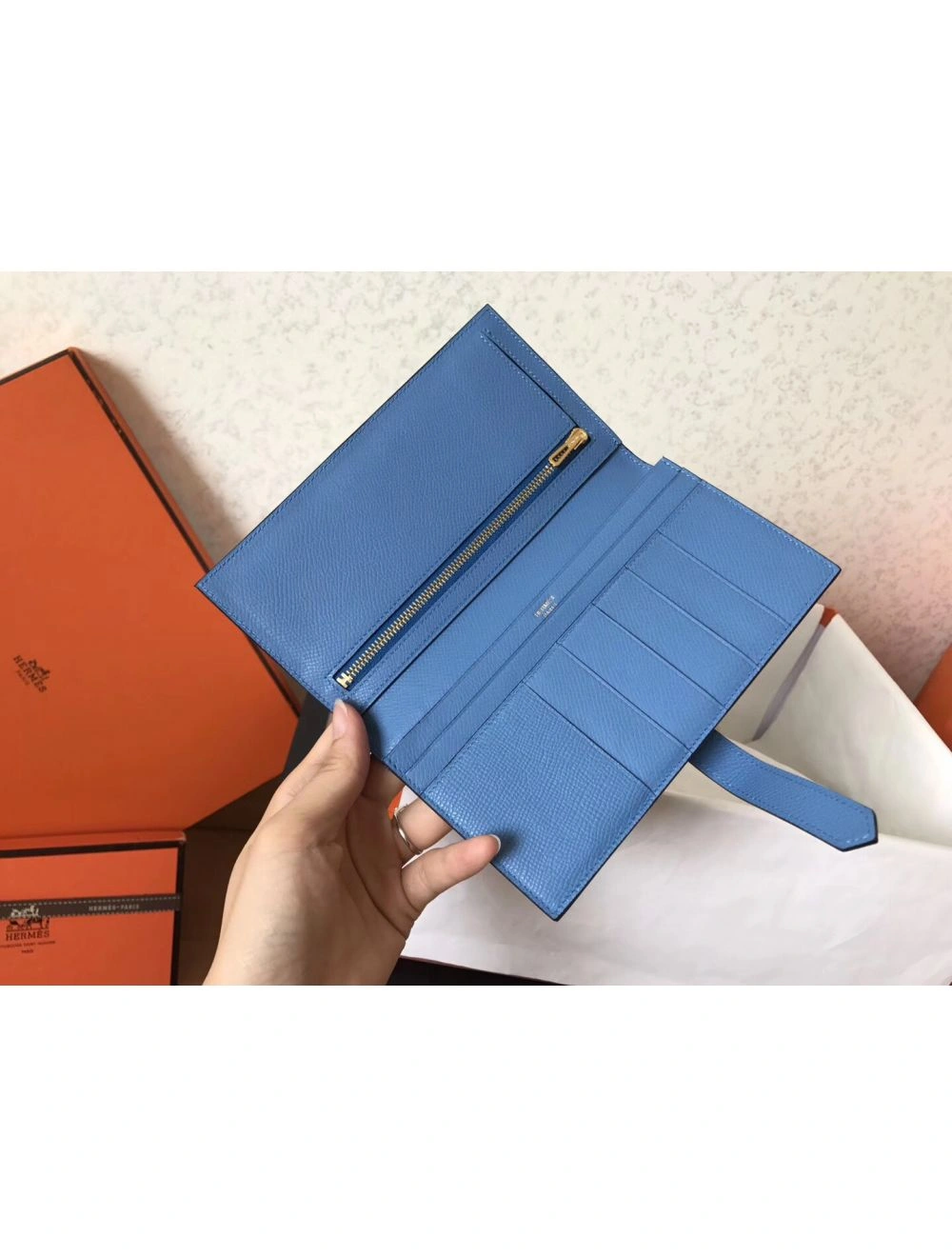 Hermes Blue Jean Epsom Bearn Gusset Wallet