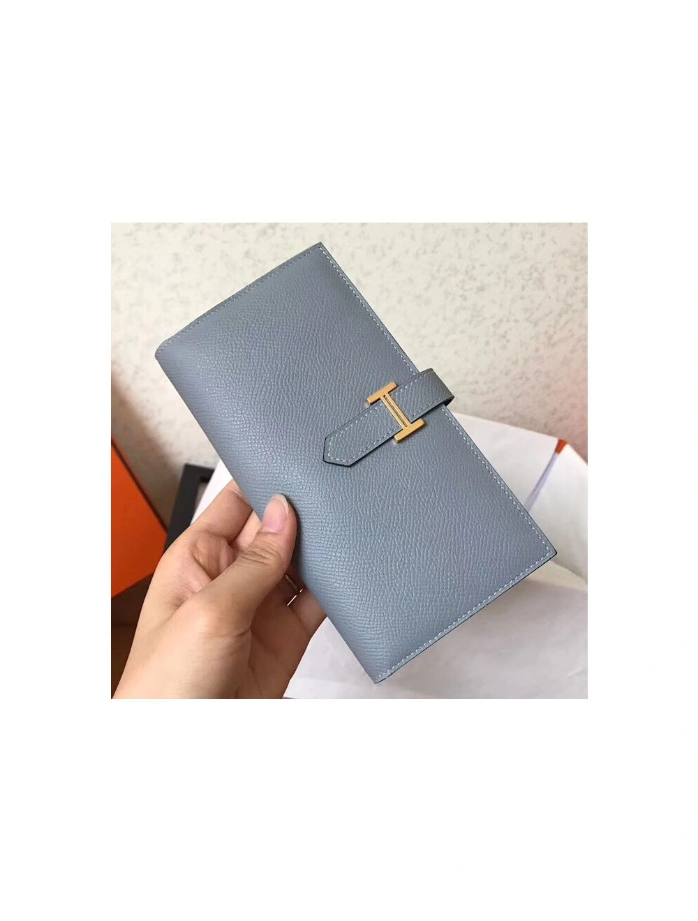 Hermes Blue Lin Epsom Bearn Gusset Wallet