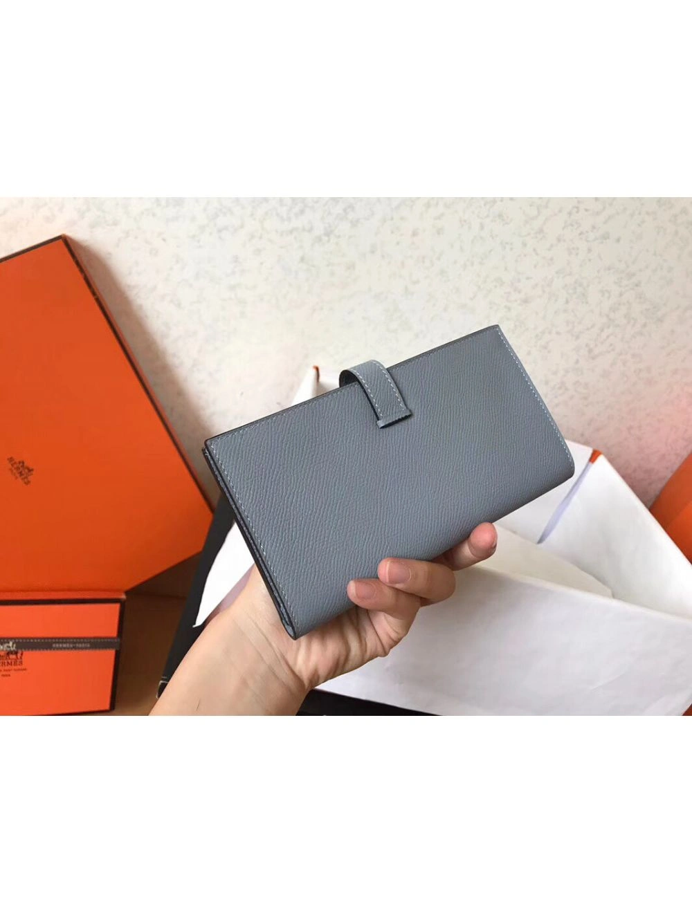 Hermes Blue Lin Epsom Bearn Gusset Wallet