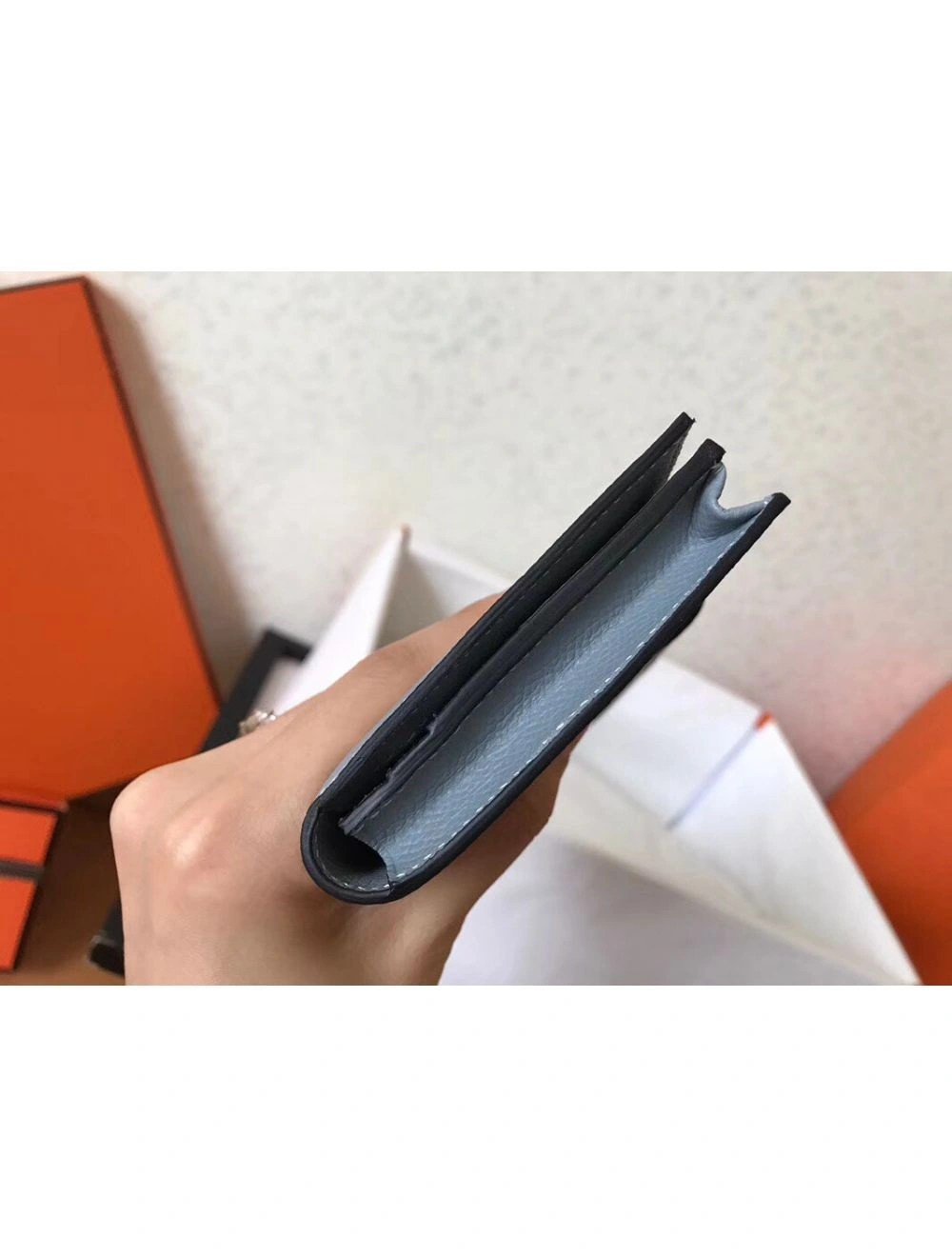 Hermes Blue Lin Epsom Bearn Gusset Wallet