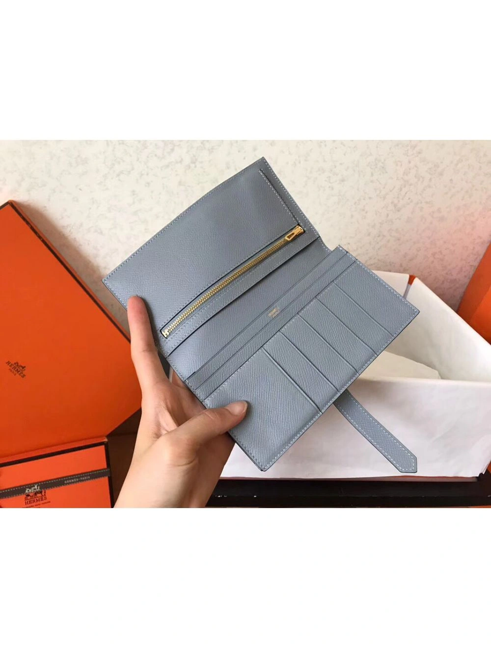 Hermes Blue Lin Epsom Bearn Gusset Wallet