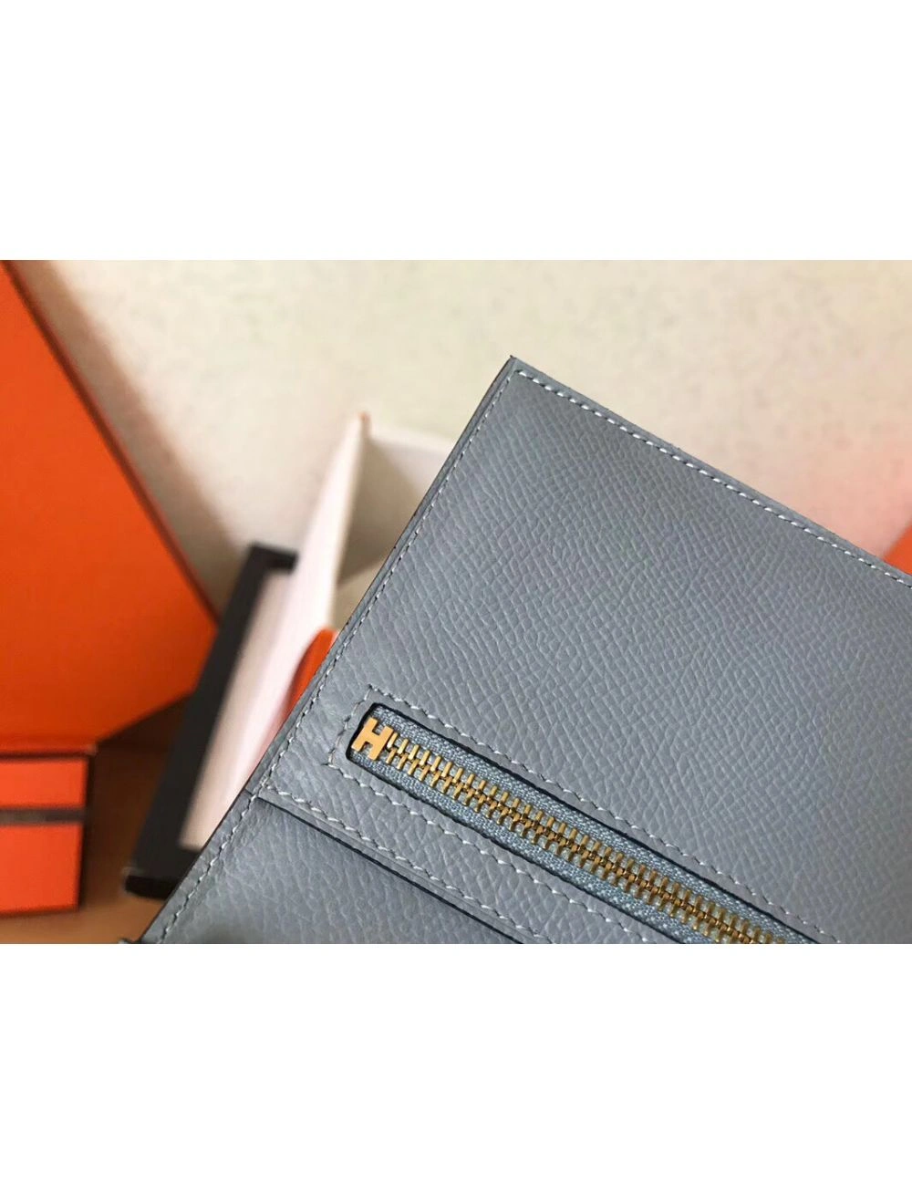 Hermes Blue Lin Epsom Bearn Gusset Wallet
