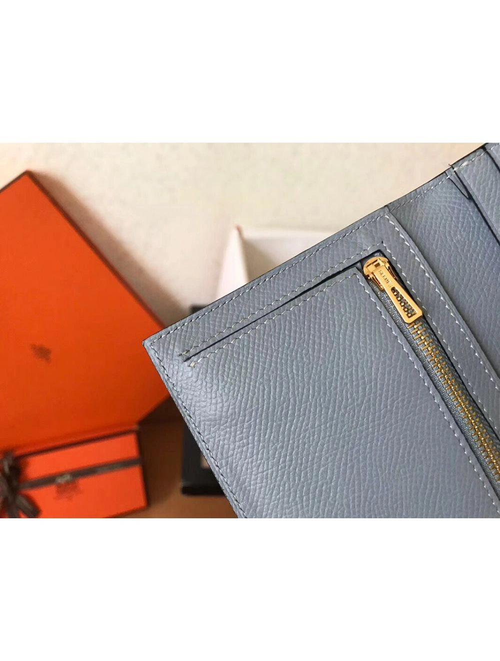 Hermes Blue Lin Epsom Bearn Gusset Wallet