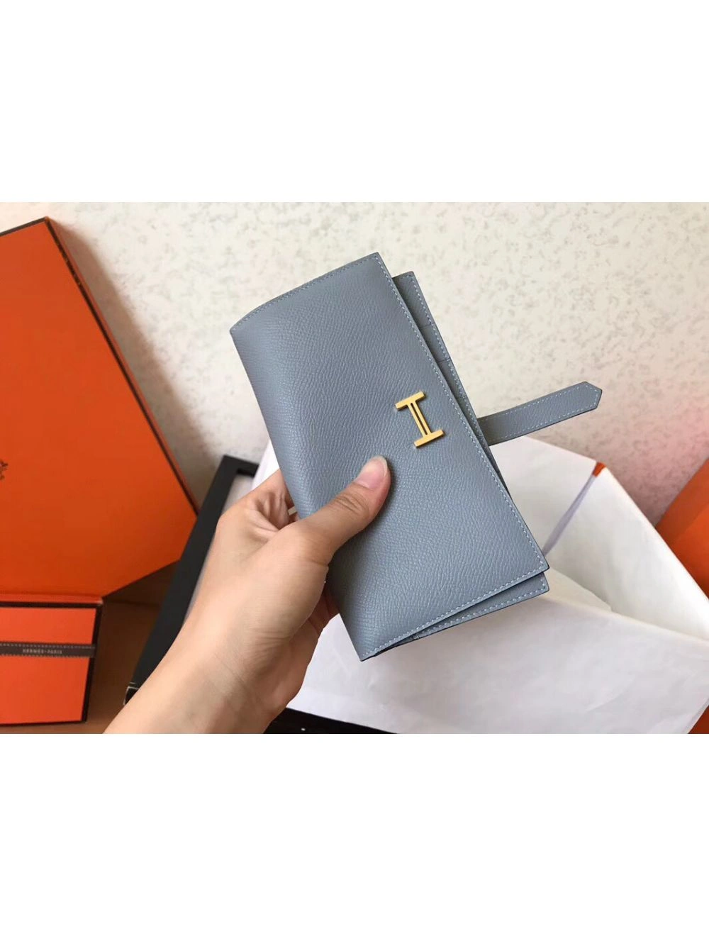 Hermes Blue Lin Epsom Bearn Gusset Wallet