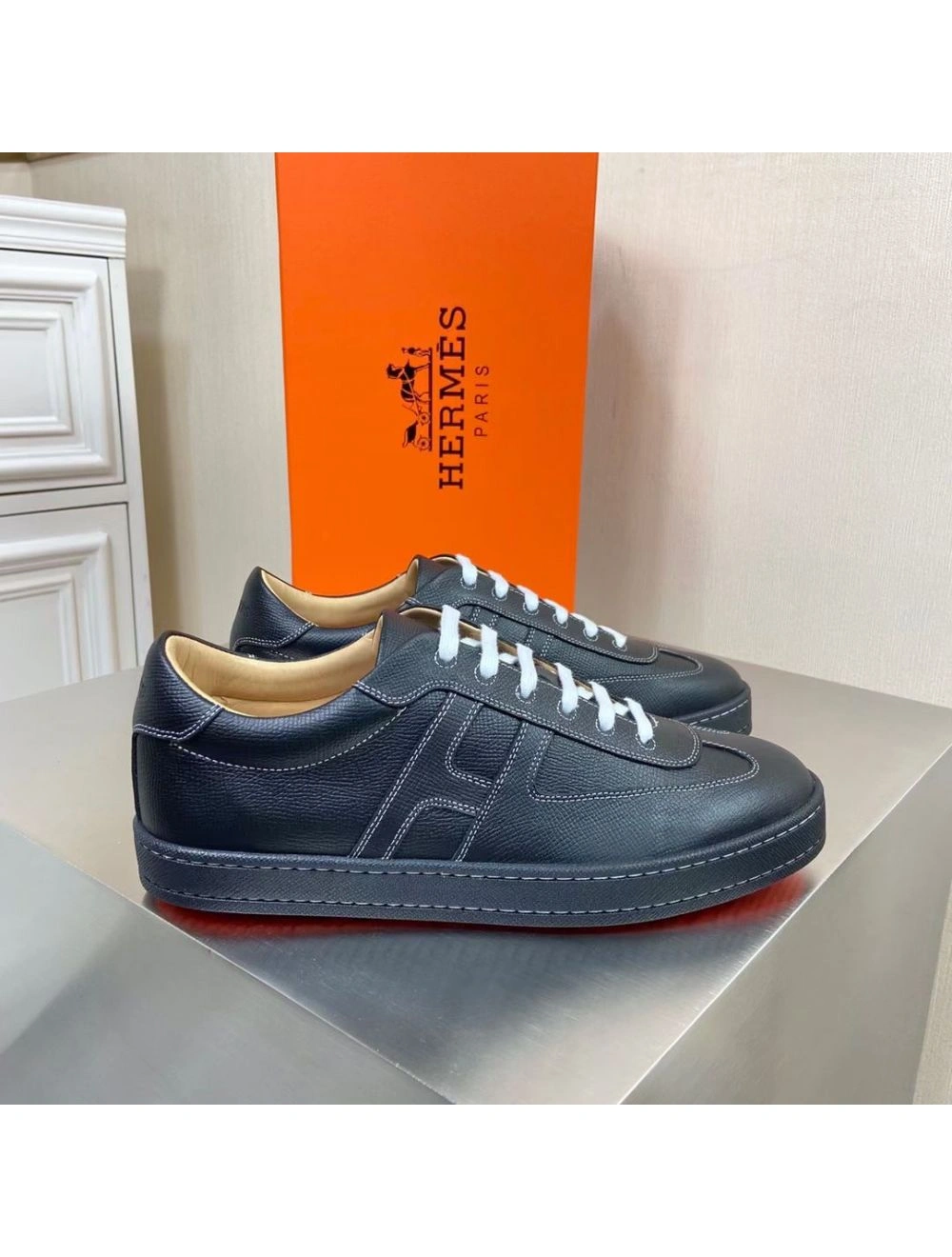 Hermes Boomerang Sneakers In Black Epsom Leather