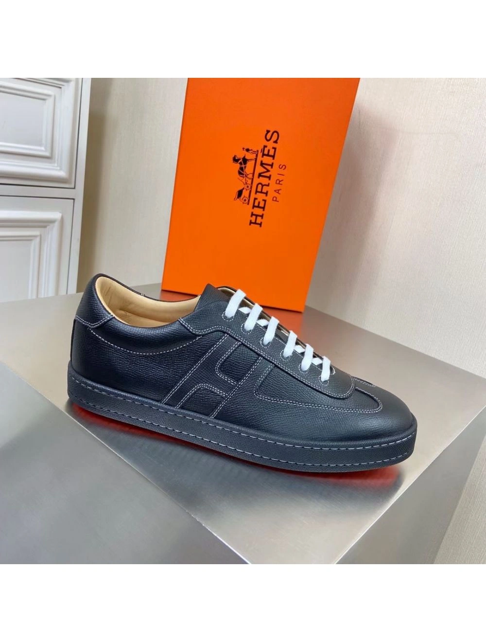 Hermes Boomerang Sneakers In Black Epsom Leather