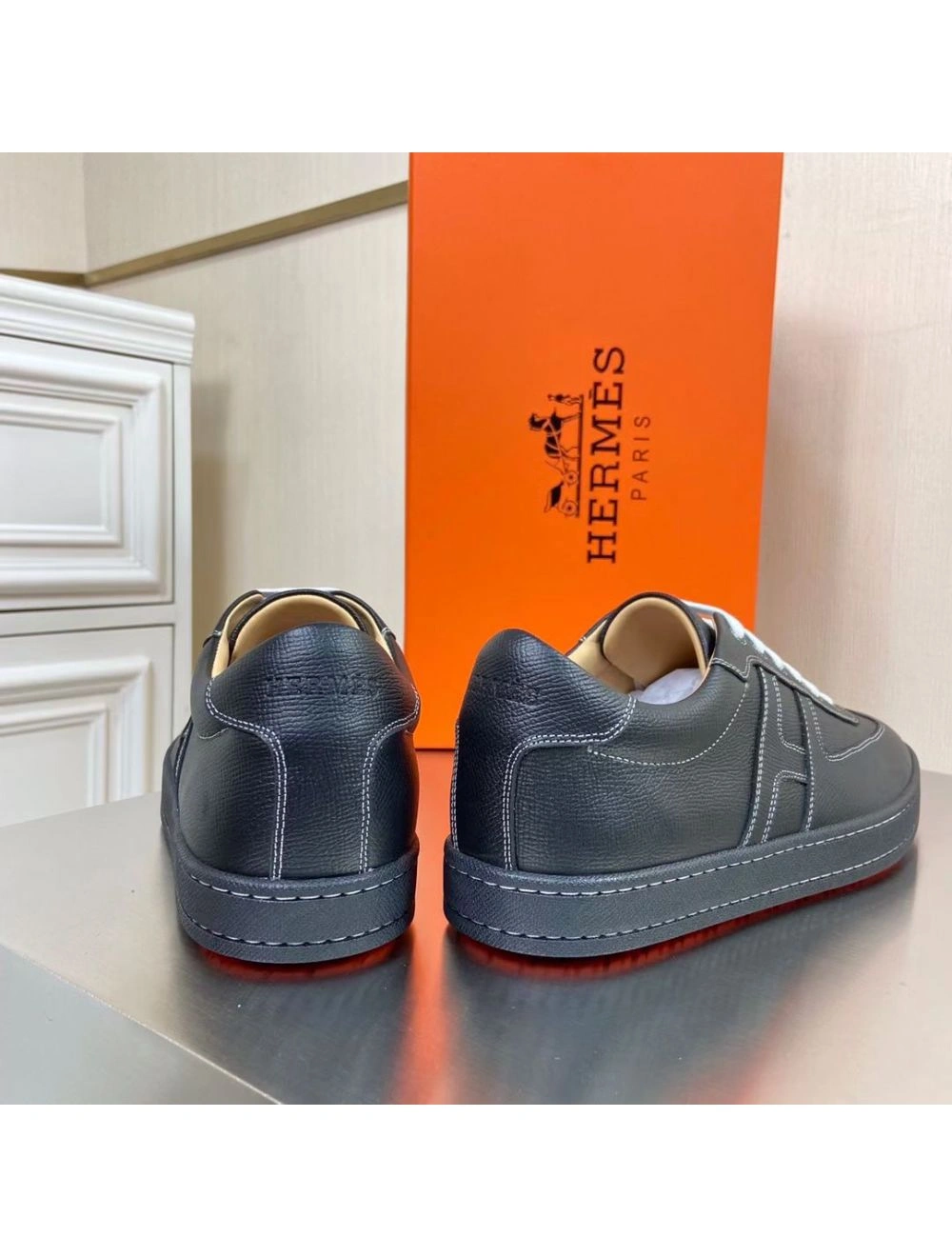 Hermes Boomerang Sneakers In Black Epsom Leather