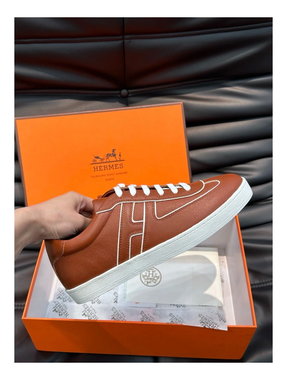 Hermes Boomerang Sneakers In Brown Epsom Calfskin