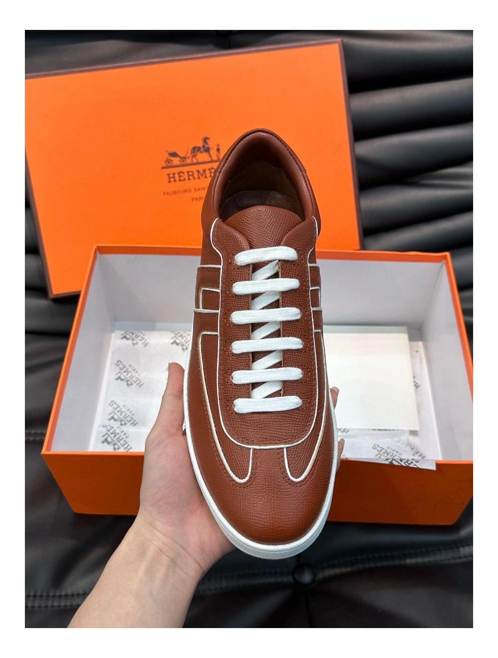 Hermes Boomerang Sneakers In Brown Epsom Calfskin