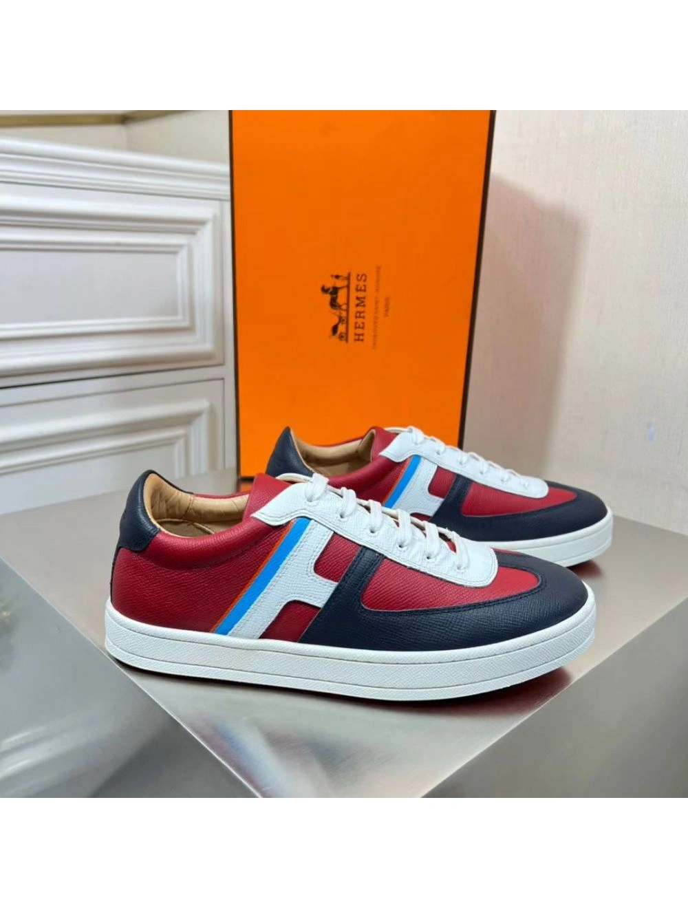 Hermes Boomerang Sneakers In Multicolore Bordeaux Leather